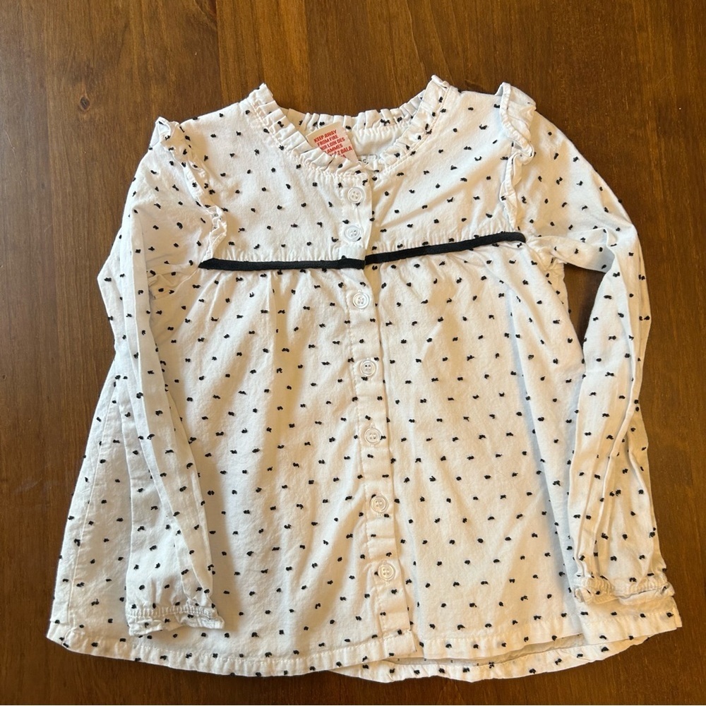 Rachel Zoe Girls Top Size 4 | White with‎ Tiny Black Dots, Ruffle Trim